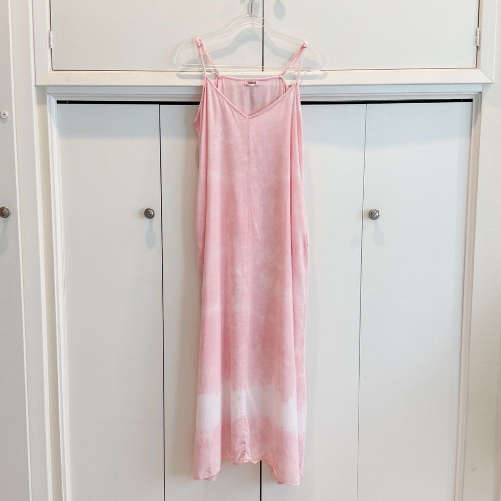 Daybreak Boho Pink Tie Dye Maxi Dress Spaghetti Straps 100% Rayon